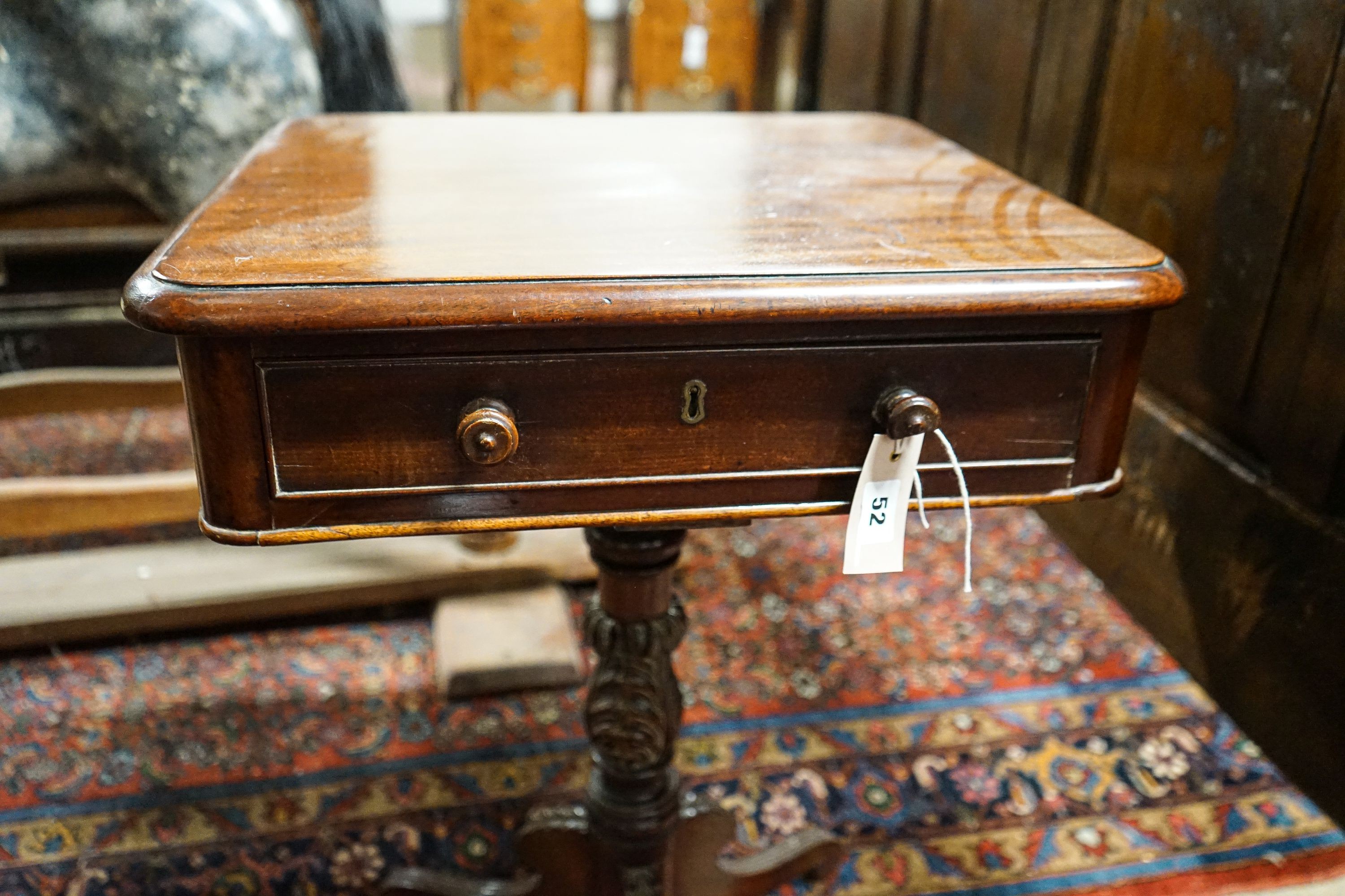 A Victorian square mahogany side table fitted single drawer, turned and carved single column on tripod base, width 49cm, depth 44cm, height 72cm